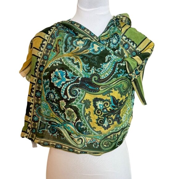 Chicos Peacock Paisley Print Scarf Oblong Eyelash Fringe Summer Spring Turquoise - Picture 4 of 14